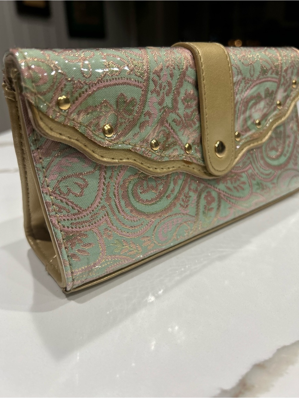 Frankie & Johnnie Mint Paisley Clutch with Gold Trim